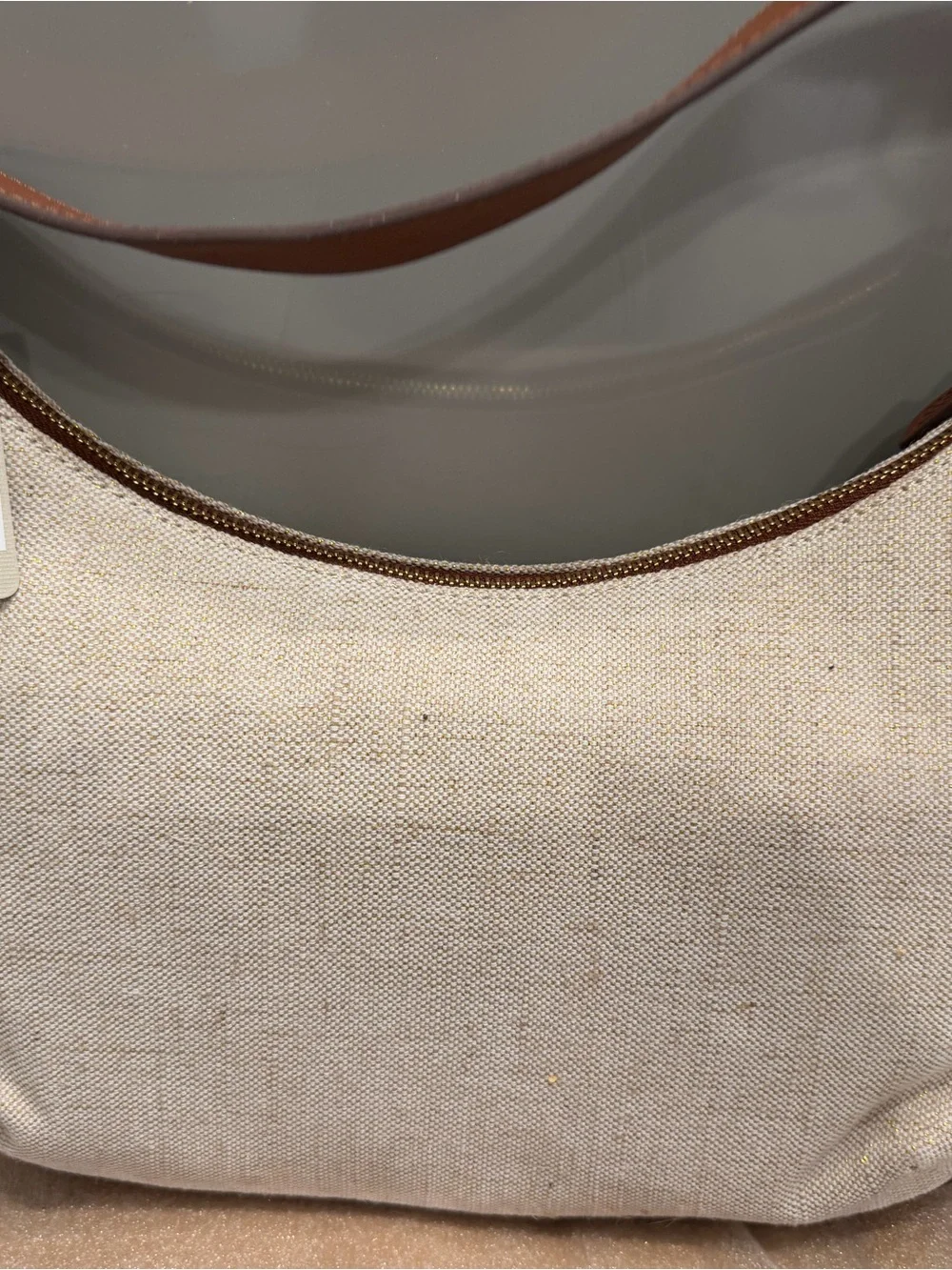 Tommy Bahama Beige Canvas Shoulder Bag with Brown Leather Trim